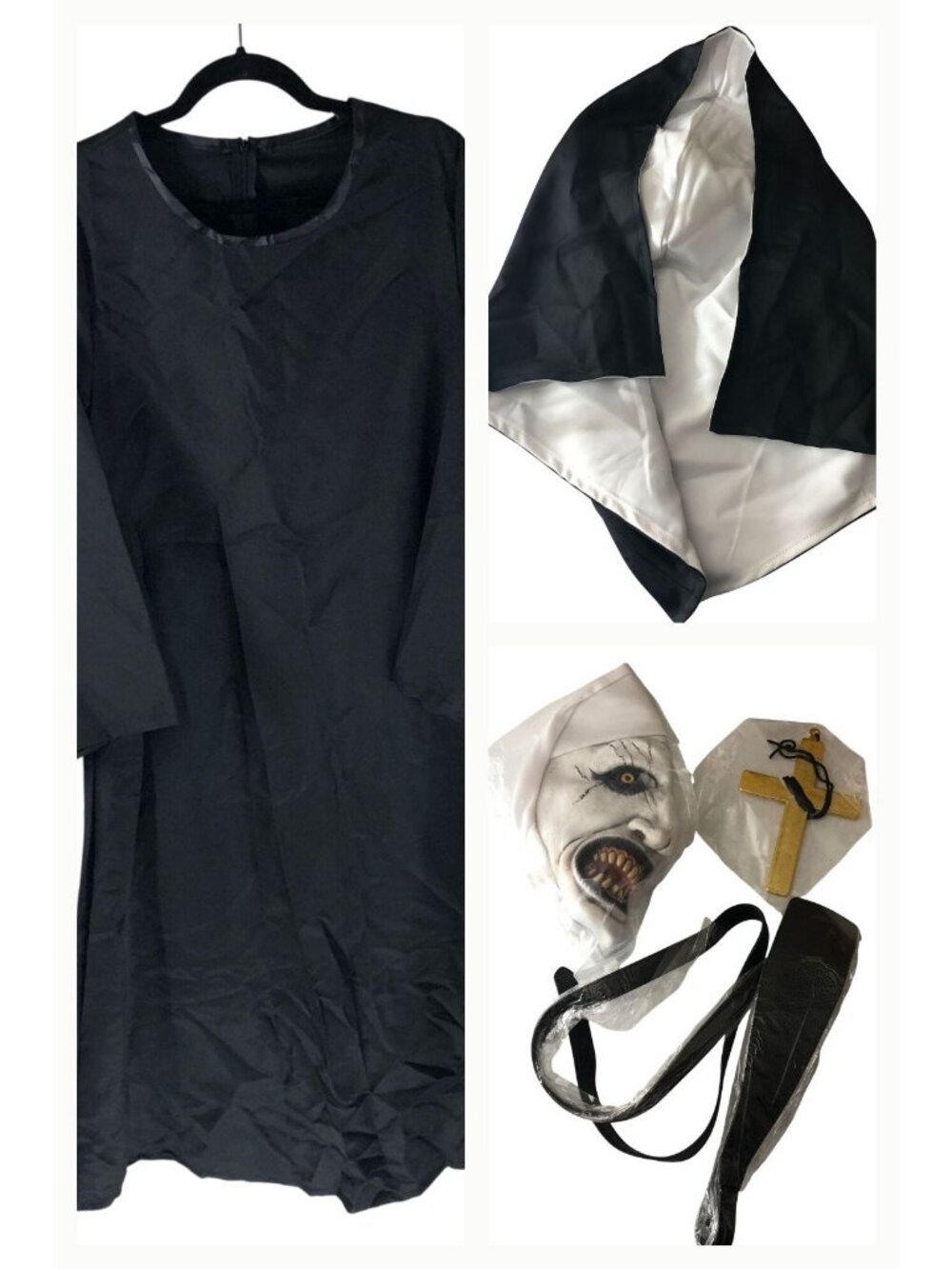 Scary Nun Costume Set With Robe Mask Veil Accessories M Black & White Halloween